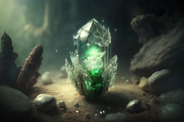 Зеленый кристалл в темной пещере