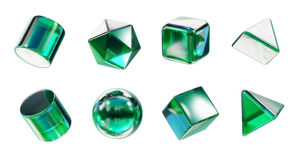 Green crystal geometry shape set isolated on white background 3d rendering without AI generated