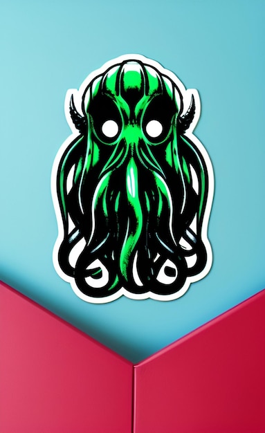 A green cthulhu sticker with the green eyes and the word cthulhu on the front.
