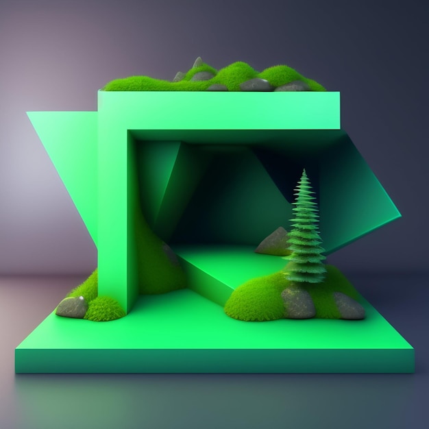A green cube with a small mountain and trees on it.
