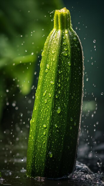A green cucumber is sprinkled with water
