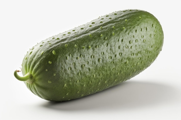 A green cucumber is on a white surface.