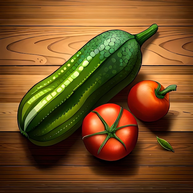 A green cucumber and tomatoes on a wooden table