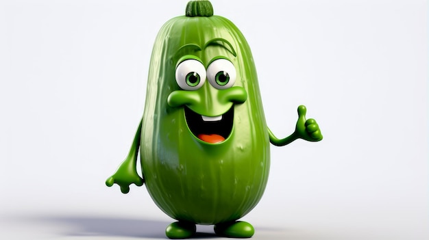 Photo green cucumber with a cheerful face 3d on a white background cartoon characters threedimensional