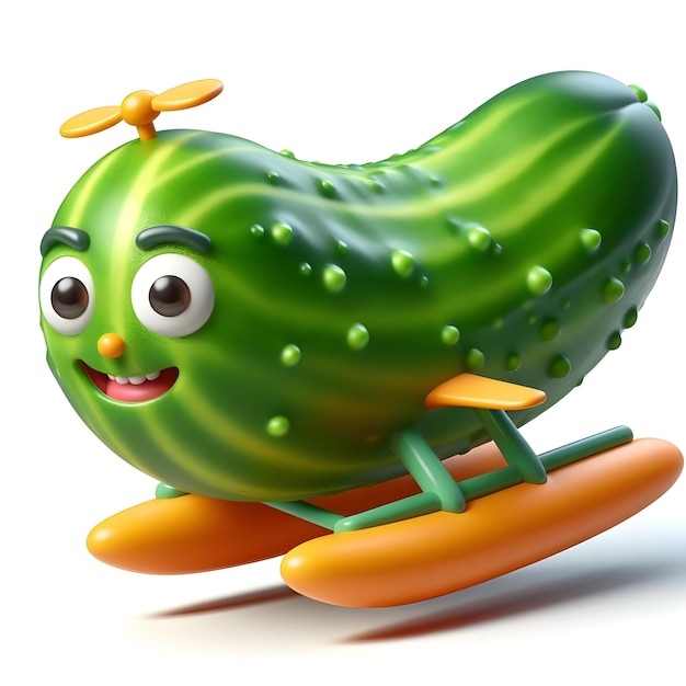 a green cucumber with a face on it and a green nose in airplane shape on white background