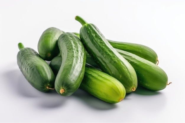 Green cucumbers levitate on a white background generative ai