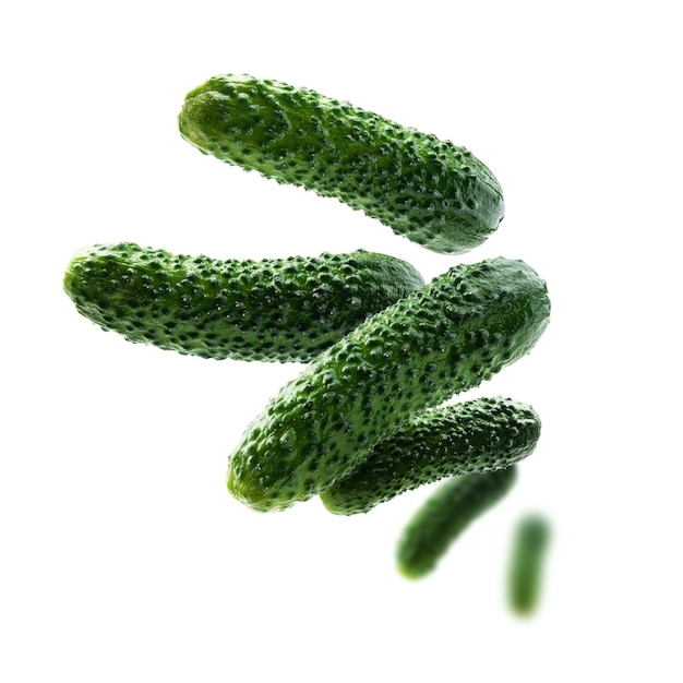 Green cucumbers levitate on a white background