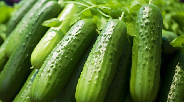 Green cucumbers at a vibrant urban farmers' market