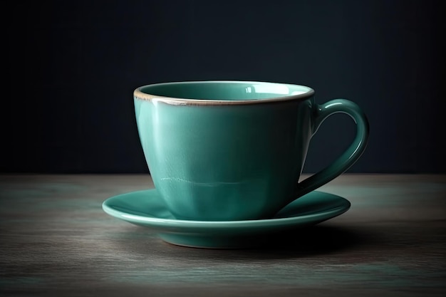 Green cup and saucer on a wooden table Generative AI