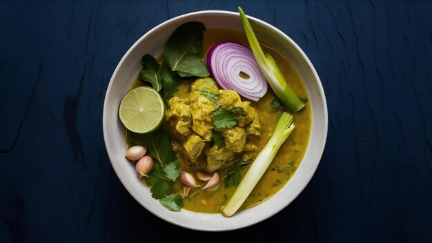 Green curry in a bowl with lime red onion lemon grass garlic and kaffir lime leaves