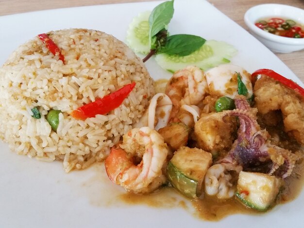 Green Curry Fried Rice With Shimp and Squid Seafood