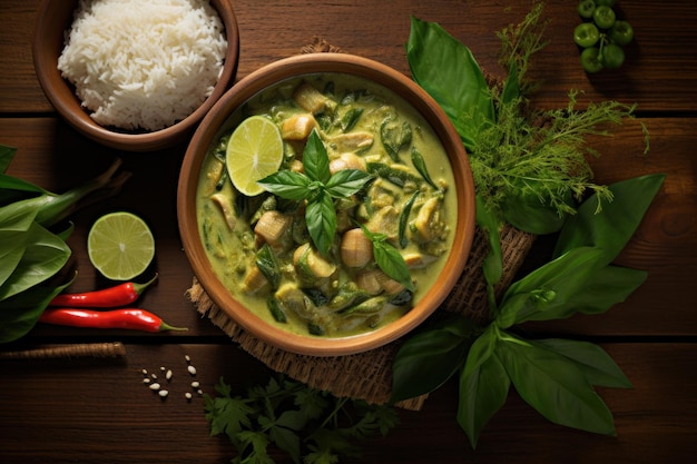 Green curry placed on a wooden table