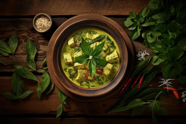 Photo green curry placed on a wooden table