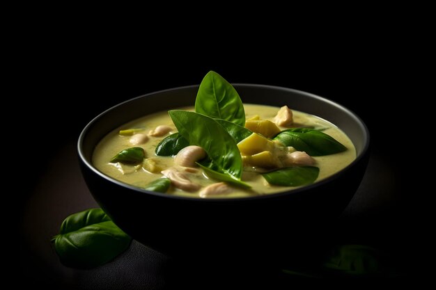 Green curry with chicken and chilli in a bowl on black background