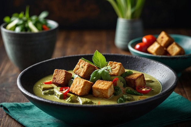 Foto curry verde con cubetti di tofu fritti croccanti