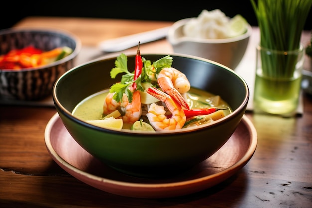 Photo green curry with prawns lime wedge on the side