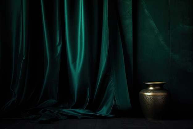 A green curtain with a vase in the corner