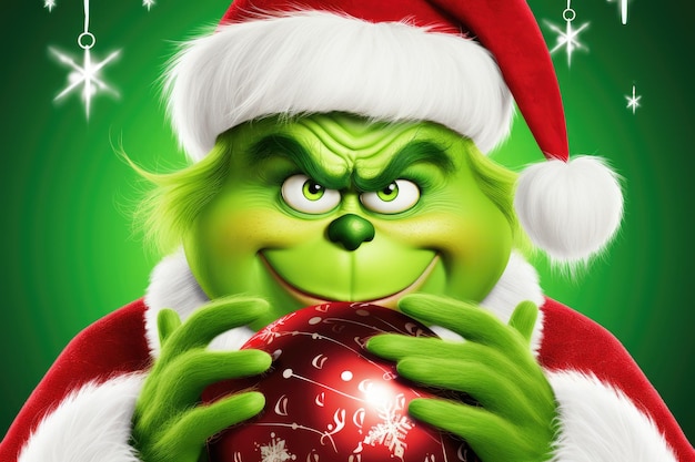 Photo green but cute real grinch thief who wants to ruin christmas christmas tree decorations santa claus balls