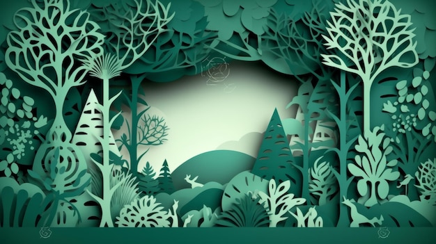 Green cutout deep forest papercut banner AI generated