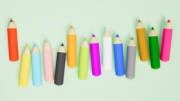 green desk with color pencils on top 3d illustration college and design theme