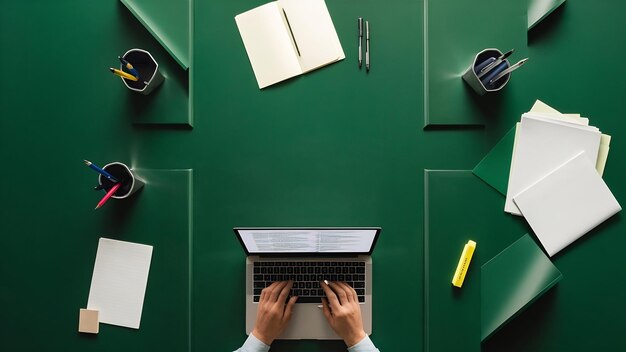 Photo green desk with stationery top view copypace