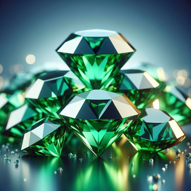 Green diamond group on glossy background soft focus 3d illustration