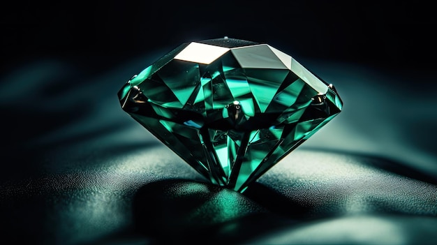 A green diamond sits on a dark surface.