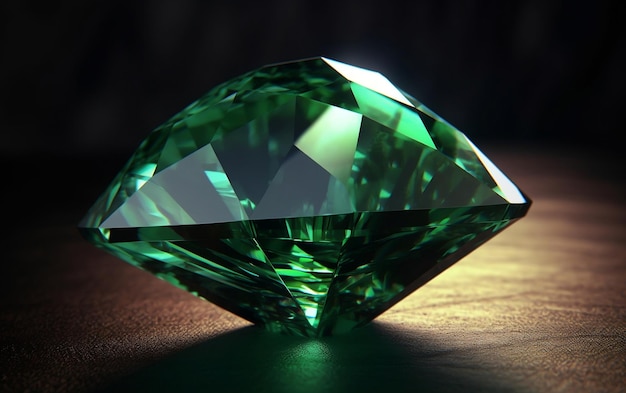 A green diamond sits on a table.