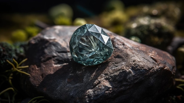 A green diamond sitting on top of a rock