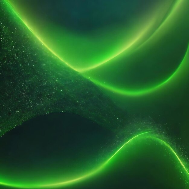 Green digital abstract background with wave particles glow sparkles and space