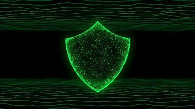 Green digital cyber security background with shield Futuristic protection of private information and data Perspective grid background Programming coding hacking and encryption 3d rendering
