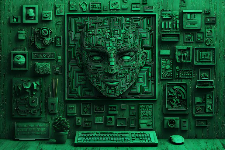 Фотография зеленое цифровое лицо в стене технологий