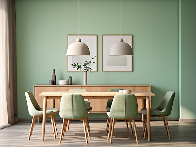 Green dining area complemented by stylish furniture AI Generation