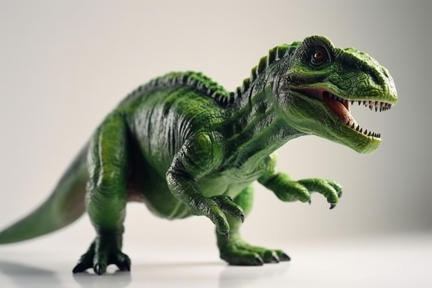 A green dinosaur figure with the mouth open and the word tyrannosaurus on the front.