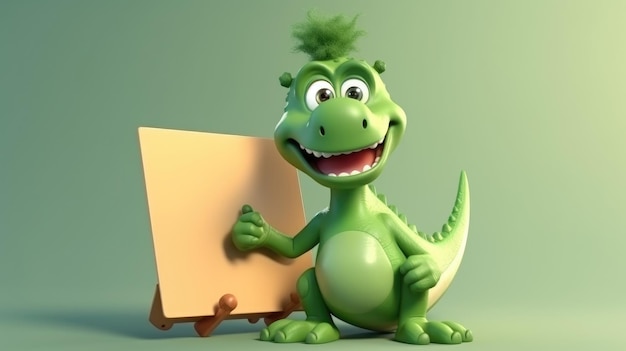 A green dinosaur with a blank sign that says'dinosaur'on it