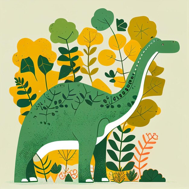 A green dinosaur with a green background and leaves on it