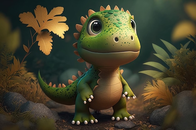 A green dinosaur with a green head and a green tail sits in a forest.