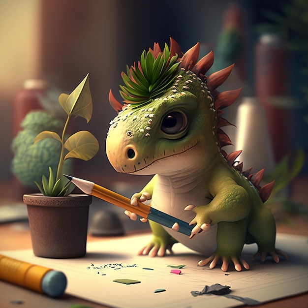 A green dinosaur with a pencil in his hand is holding a pencil.