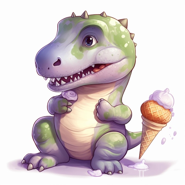 A green dinosaur with a white face is holding an ice cream cone.