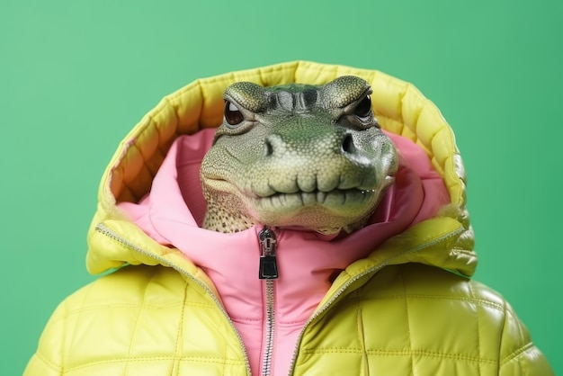 Photo green disgruntled crocodile in yellow warm down jacket on green pastel background