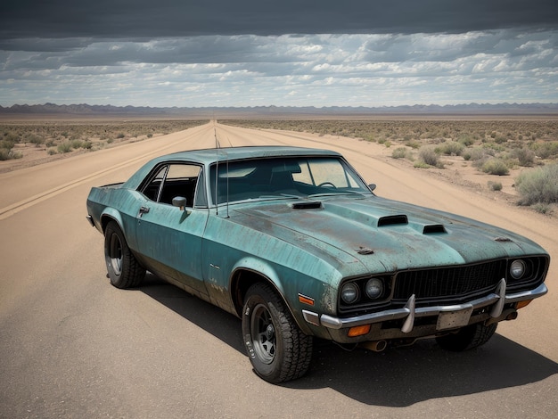 A green dodge charger car is driving down a desert road.