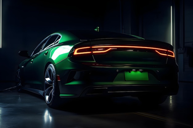 A green dodge charger with the license plate lit up in the dark.