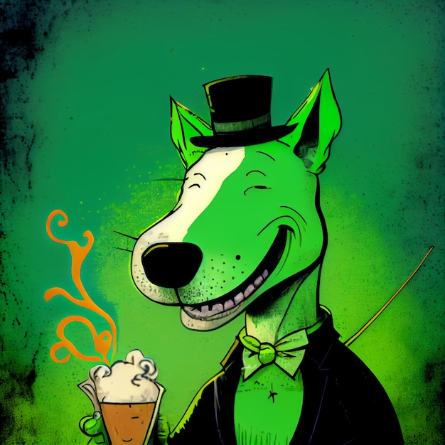 A green dog with a top hat and a top hat holds a glass of beer