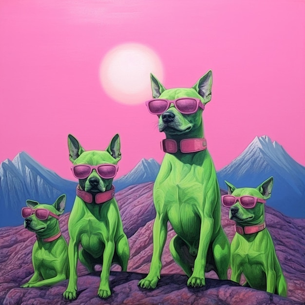 Photo green dogs wearing sunglasses in a pink sky with mountains landscape