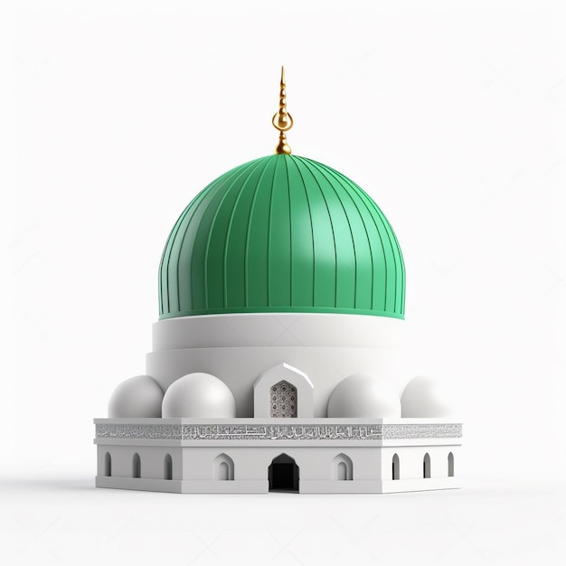 A green dome of a mosque with a gold chain on the top.