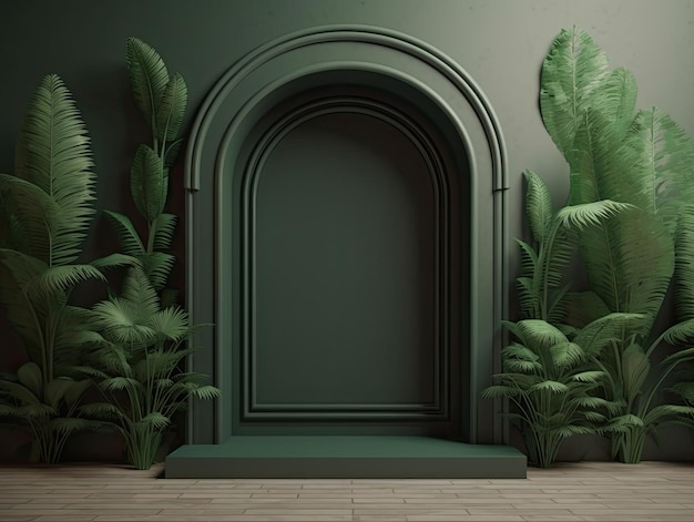 Green door and growing caring of plants in garden concept in plain Light background with copy space 3D rendering for picture frame backgrounds AI Generative