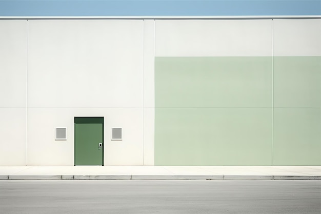 A green door is on a white building with a blue sky in the background.