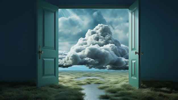 Green door opening to a surreal landscape with clouds and water