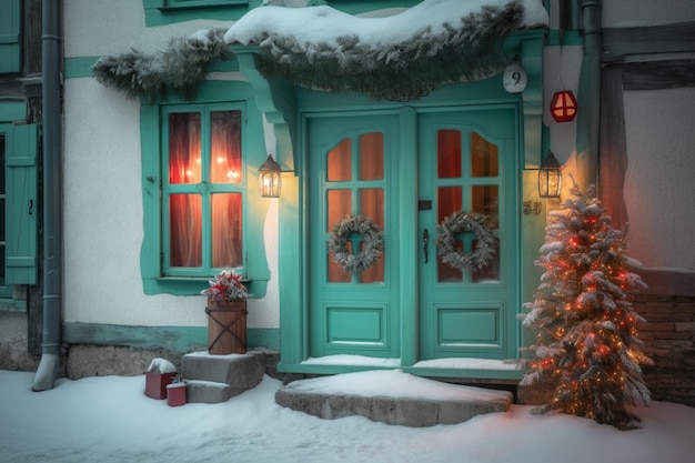 A green door with a christmas tree in the snow