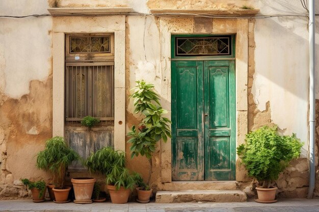 a green door with plants in pots on the front of it